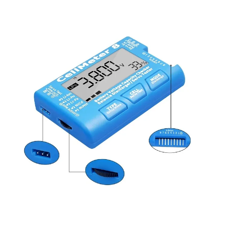 

CellMeter8 ЖК-цифровой тестер емкости аккумулятора RC 2-8S Высокоточный сервотестер дисплея напряжения Multi в одном