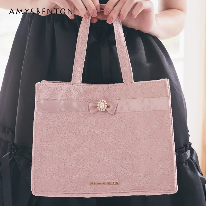 

Japanese Sweet Cute Lace Jacquard Rhinestone Bow Ribbon Square Tote Bags for Women High Sense Temperament Handbags Pink Purses