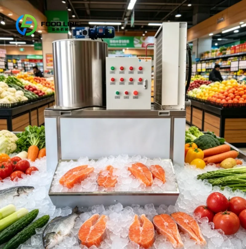 Flake Ice Machine Ice Flaker Commercial Stainless Steel Ice Maker for Seafood Bar Restaurant Cooling Storage Unit