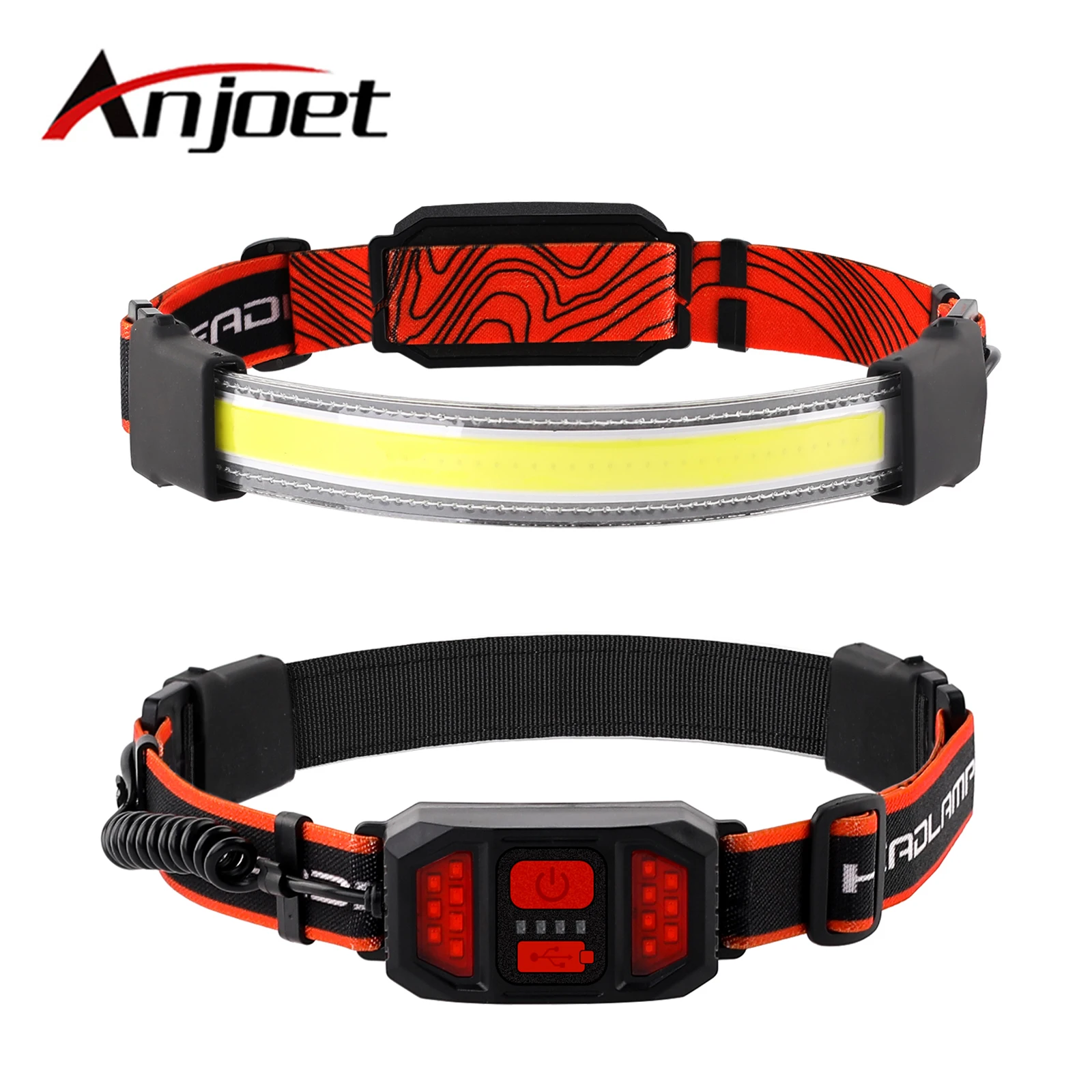 

Anjoet USB Rechargeable LED Headlamp with Warning Light 3 Modes COB Headlight Outdoor Sport Waterproof Head Torch Flashlight