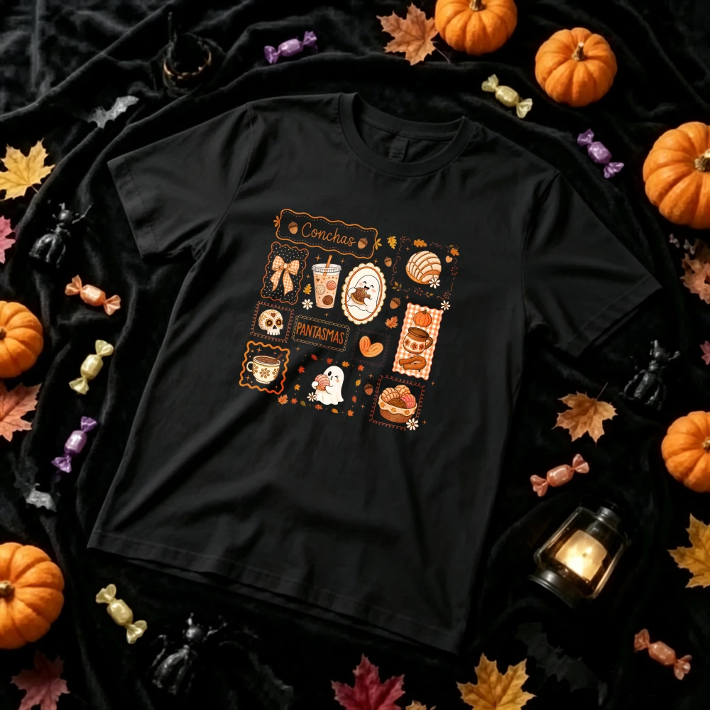 Cozy Fall Halloween Treats Graphic T‑Shirt Cute Ghost Coffee Pastry Pumpkin Dessert Collage Print Short Sleeve Tees Casual Tops