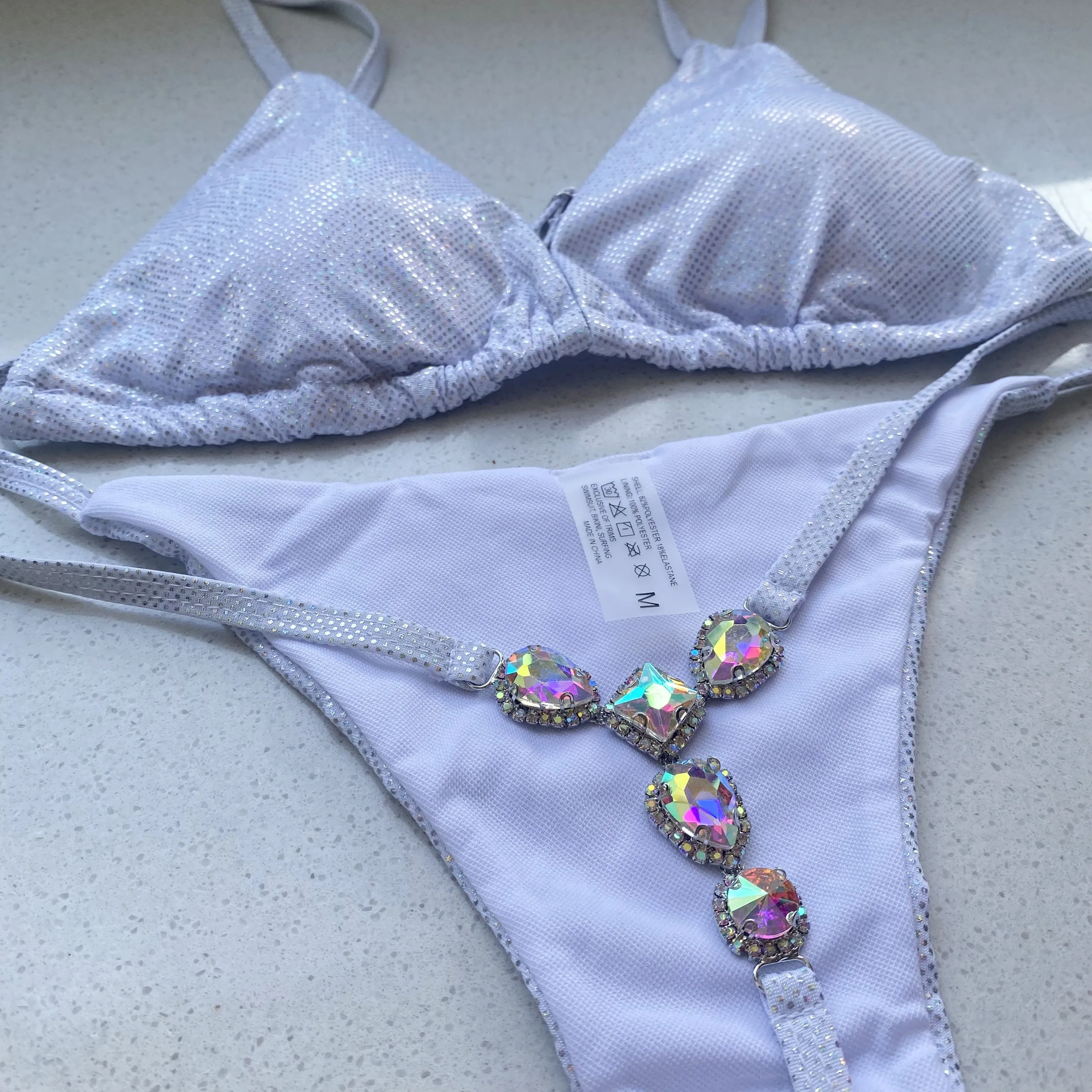 Sexy RhinestoneThong Bikini kobiety stringi brazylijskie stringi stroje kąpielowe strój kąpielowy srebrny Shinny Glitter Bikini unikalny strój