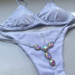 Sexy RhinestoneThong Bikini kobiety stringi brazylijskie stringi stroje kąpielowe strój kąpielowy srebrny Shinny Glitter Bikini unikalny strój kąpielowy