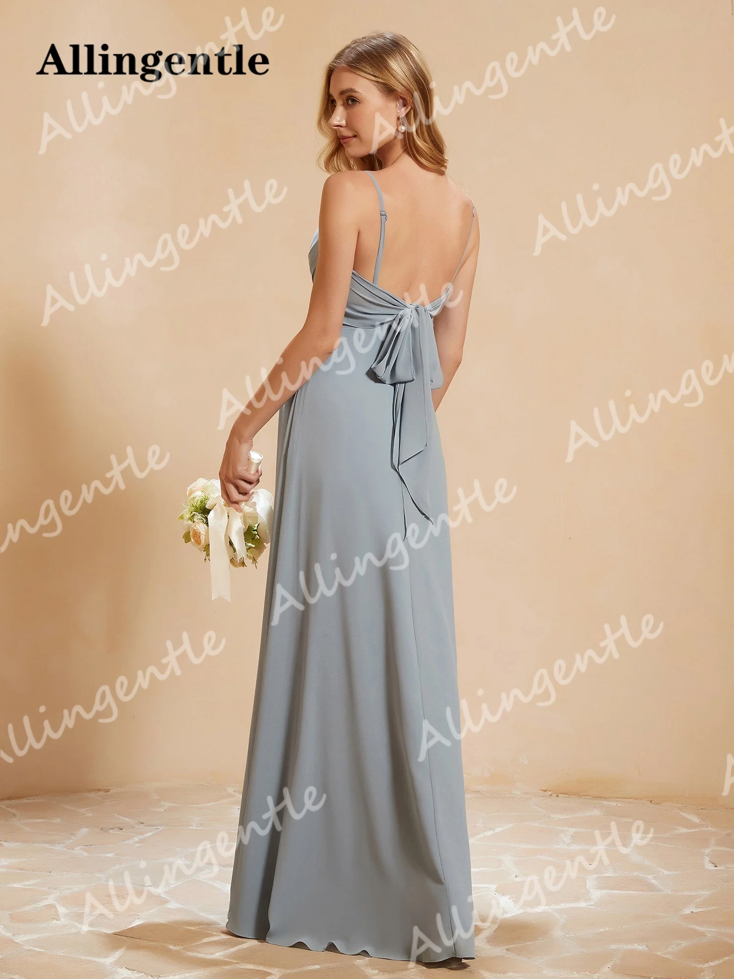 Allingentle Chiffon Ruched V-neck Bridesmaid Dress Dusty Blue A-line Formal Dress with Slit Backless Prom Party Gown Customized