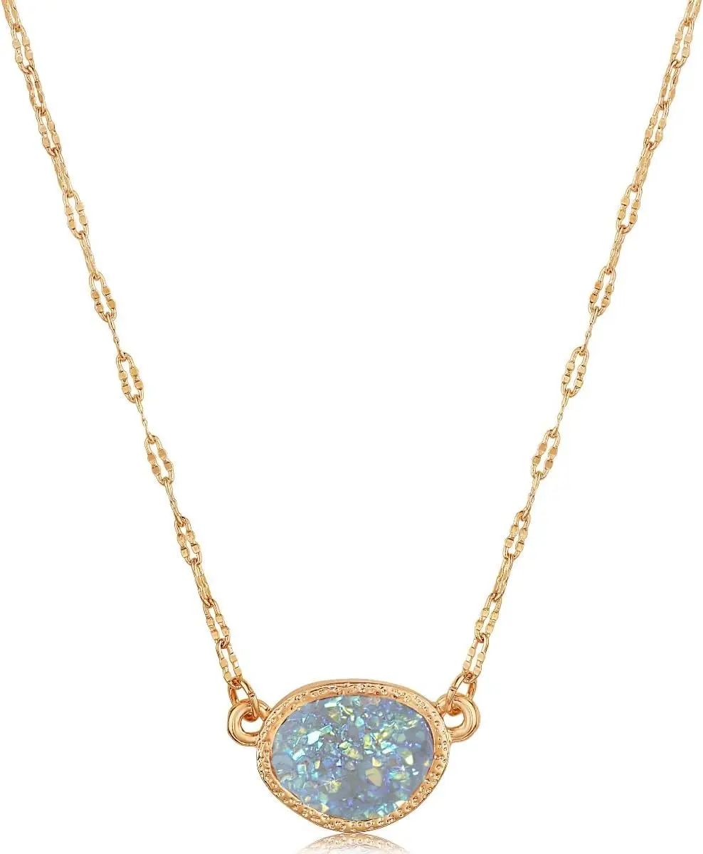 

Simulated Druzy Pendant Necklace for Women Sparkly Oval Stone Gold Silver Rose Gold Tone Chain 16 Inch with 3 Inch Extender