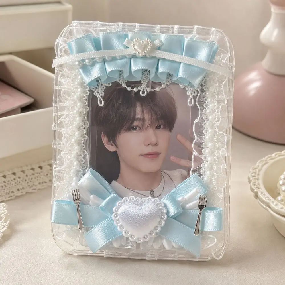 Lace Ruffles Photocard Holder Satin Ribbon Heart Decoration Collectible Card Holder Clear Sleeve Faux Pearl