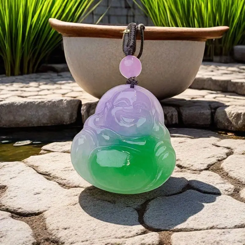 

Pure natural jadeite glutinous seed spring color Buddha Gong Hetian jade Maitreya Buddha pendant new jade fine carving