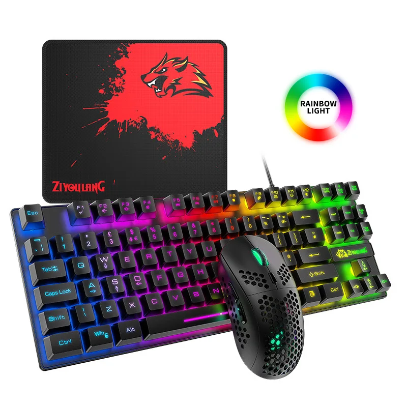 2024 New Free Wolf T2 Luminous Keyboard And Mouse Set Computer Gaming Mechanical Touch 88 Key British Keyboard And Mouse Set