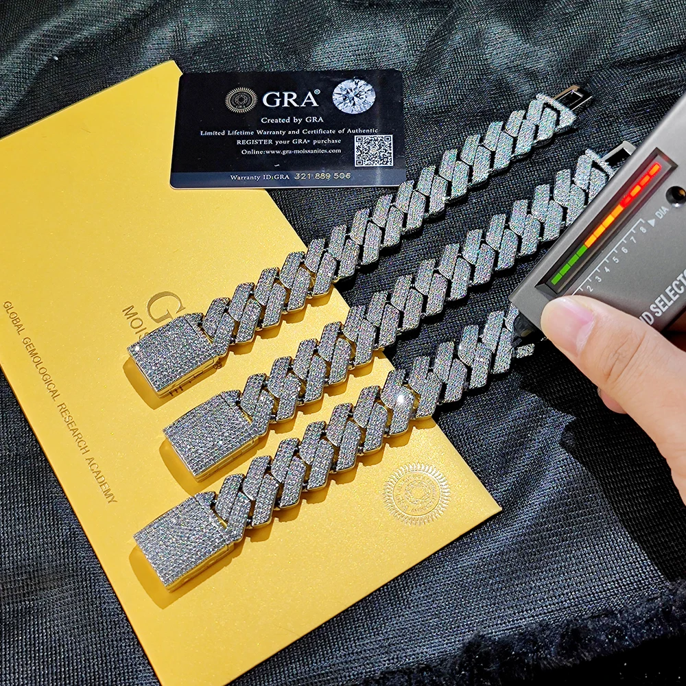 High Quality Hip Hop Diamond D VVS Cuban Necklace Jewelry 20mm Three Row Moissanite 925 Sterling Silver Cuban Link Chain