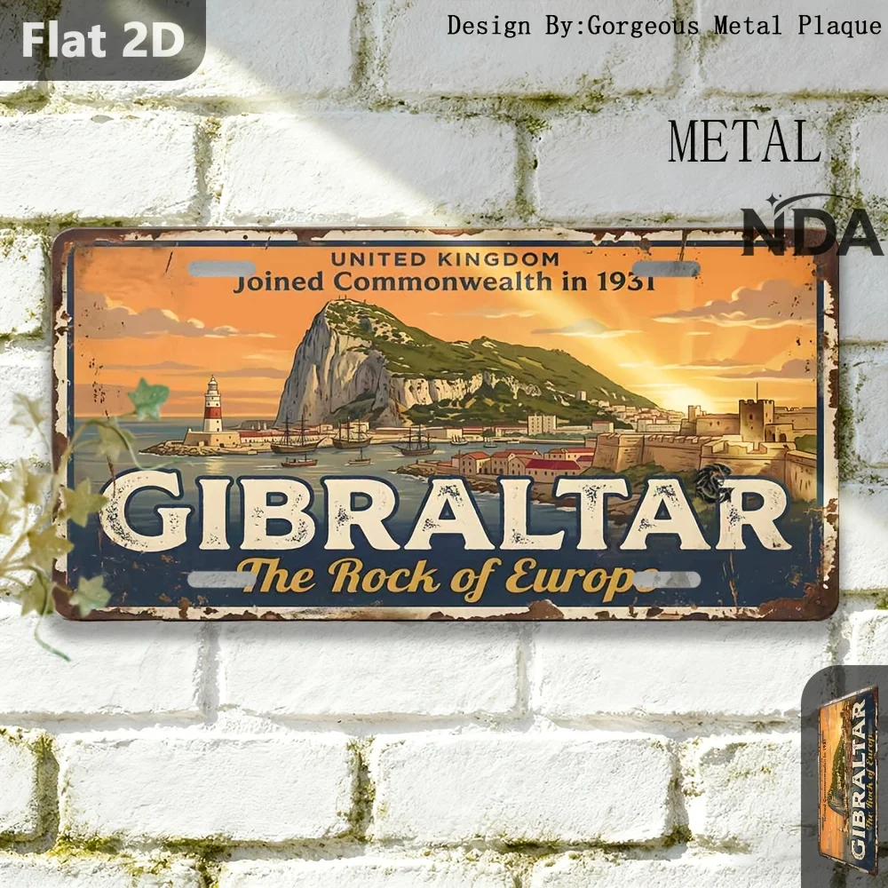 Panneau plat 2D, 1 pièce, Plaque vintage en aluminium et étain, Panneau rétro en métal, Gibraltar, Panneau et plaque décoratifs