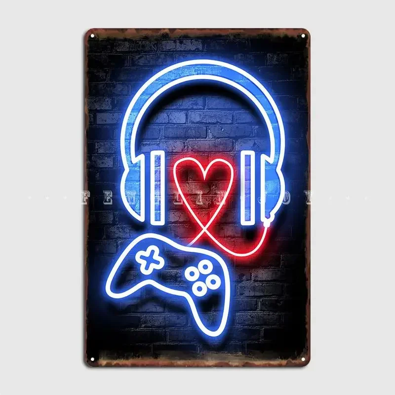 Neon-Metallschild „Musik und Gaming“, Kino, Wohnzimmer, Club, Bar, personalisierte Wandtafel, Blechschild, Poster