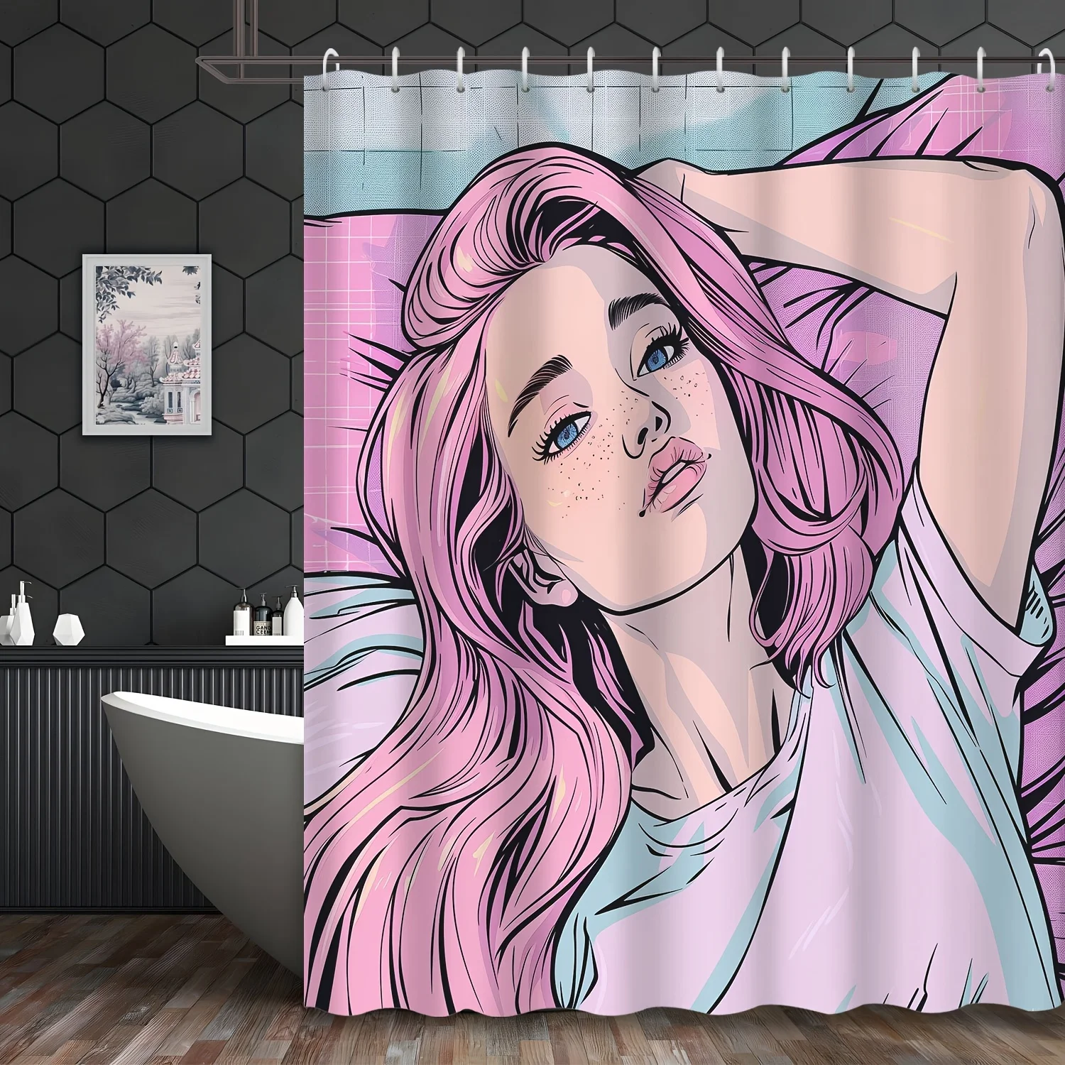 

Pink Hair Girl Shower Curtain, Pop Art Comic Style Portrait, Trendy Aesthetic Wall Decor, Waterproof Polyester Fabric