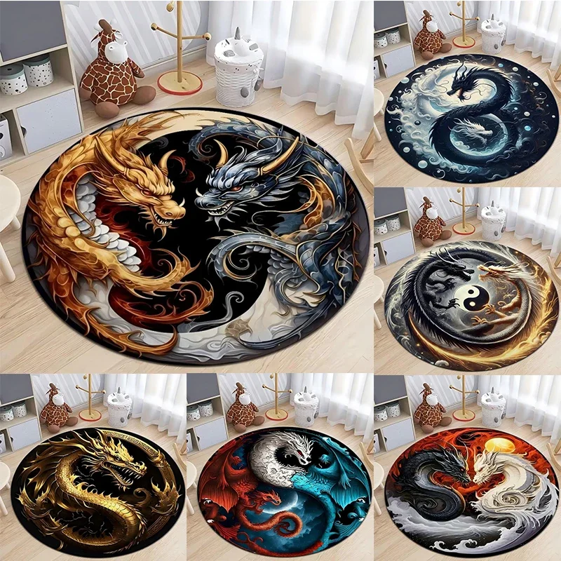 

Fashionable Dragon Print Round Rug – Decorative Floor Mat for Living Room, Bedroom or Bedside Chair, Unique Room Decor Gift