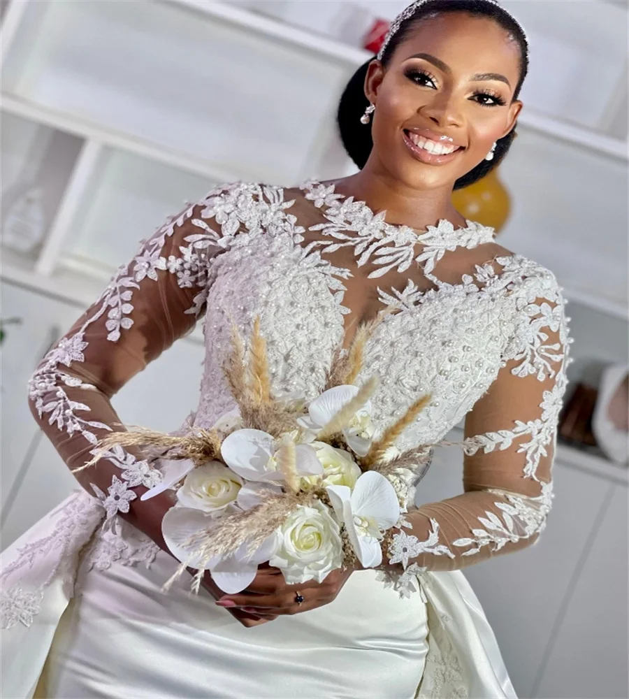 African Wedding Dresses With Detachable Train Lace Long Sleeve Luxury Church Bridal Dress 2 In 1 Country Bride Gown Customized