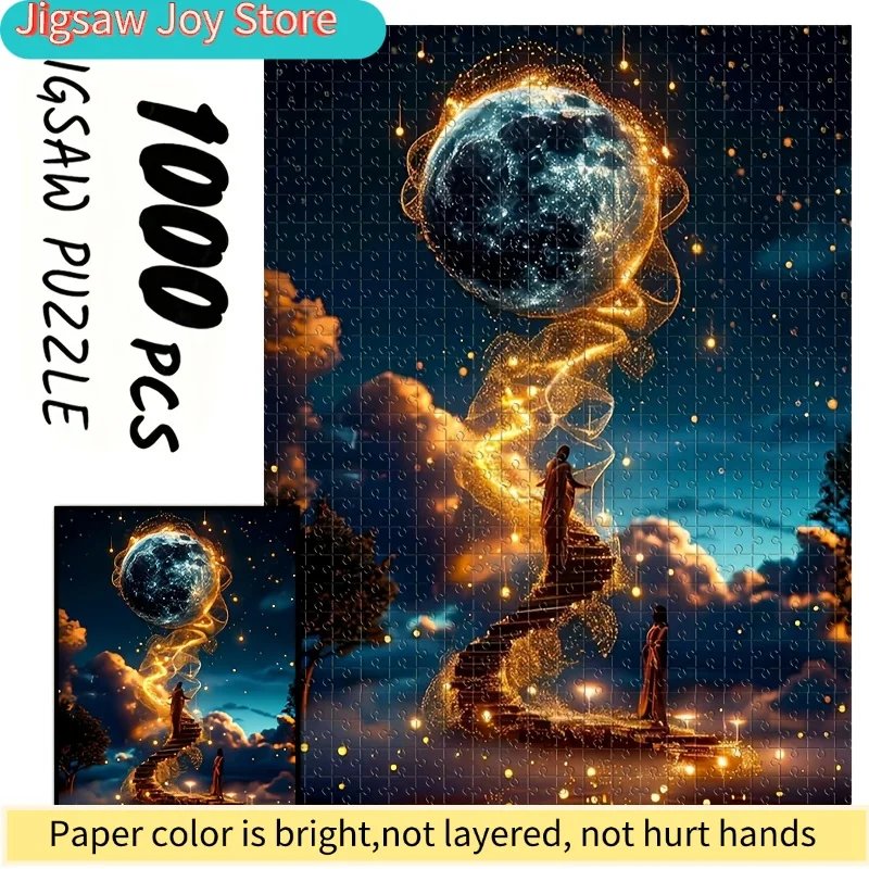 จิ๊กซอว์สำหรับผู้ใหญ่ 1000 ชิ้น - ขนาด 19.69x27.56 นิ้ว ฉากการลงจอดบนดวงจันทร์และจักรวาลเต็มไปด้วยดวงดาว พร้อมแสงสีทอง ติดผนังได้ สำหรับสปา