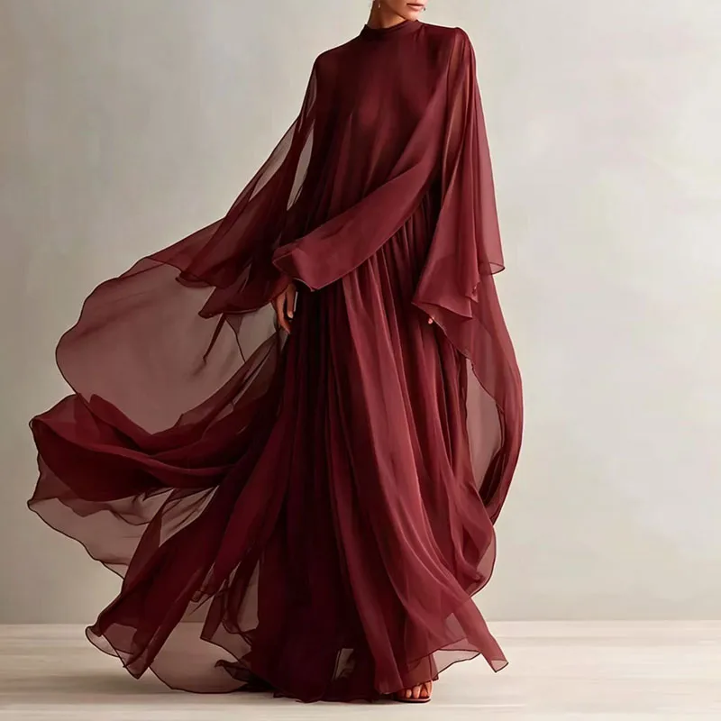 Boho 2‑Piece Matching Set Women O Neck Wide Cape Sleeve Sheer Top & Pleated Long Skirt Outfit Guest Solid Party Prom Skirt Suits view 4
