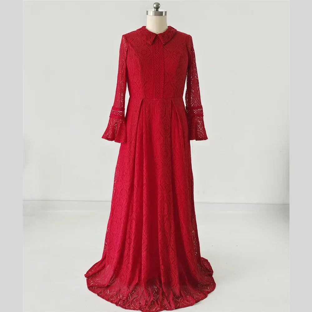 

Скромное вечернее платье с настоящими фотографиями по индивидуальному заказу, бордовое кружево с длинными рукавами, трапециевидной формы длиной до пола, женские вечерние платья