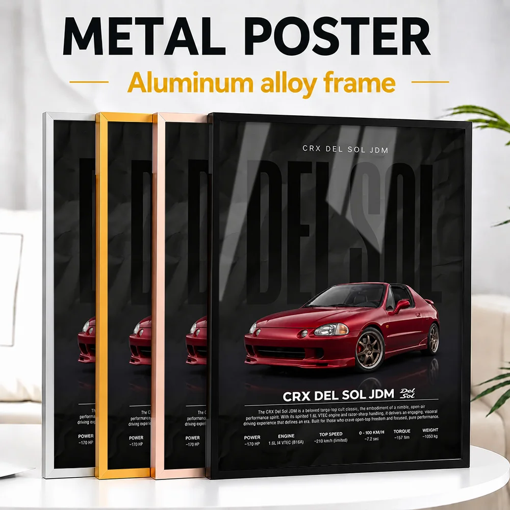 Red Japanese CRX Del Sol Car Framed Metal Print Customized Studio Graphic Wall Art For Loft Or Games Room, Motoring Fan Gift