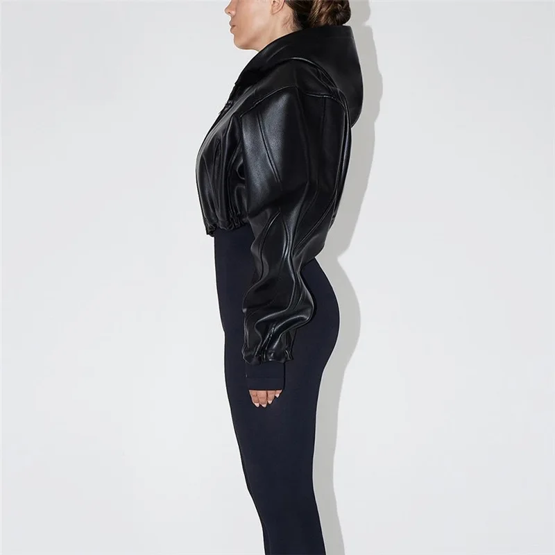 Black Hooded Cool Leather Jacket Spring Autumn Korean Loose-Fit Slim Short Zipper Motorcycle Jacket