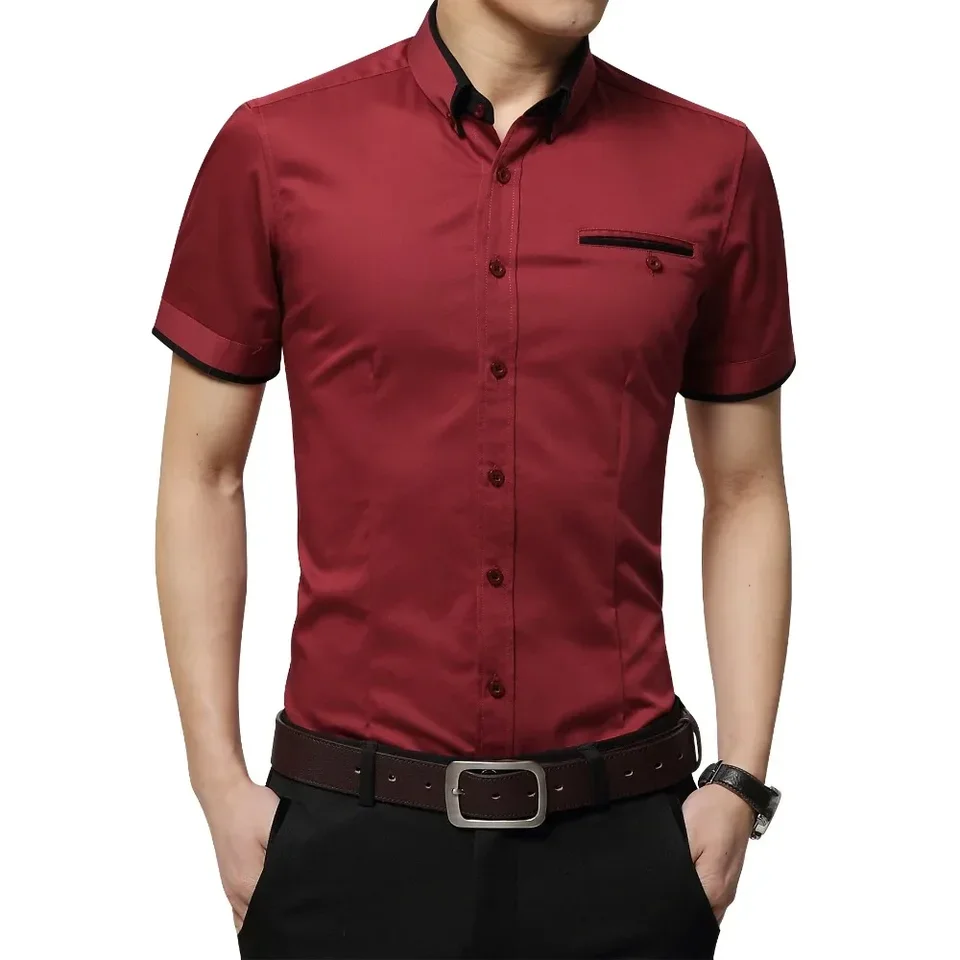 Summer White Blue Short Sleeve Men Dress Shirt Turn-down Collar Tuxedo Shirt Big and Tall Business Solid T-shirt