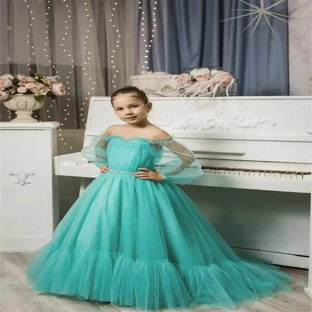 فساتين فتاة الزهور بأكمام منتفخة لحفلات الزفاف بدون أكتاف من التل، فستان للأطفال الصغار مع حزام فستان للفتيات الصغيرات