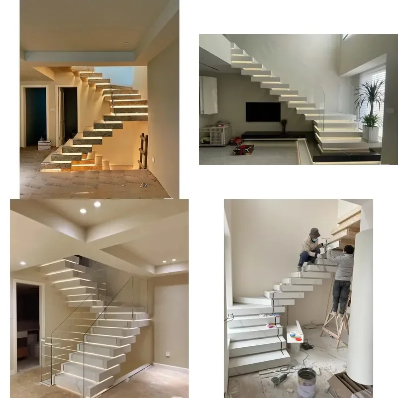 for Laminated Rock Slab Staircase with LED Light Strips Modern Indoor Outdoor Steps for Villa Garden
