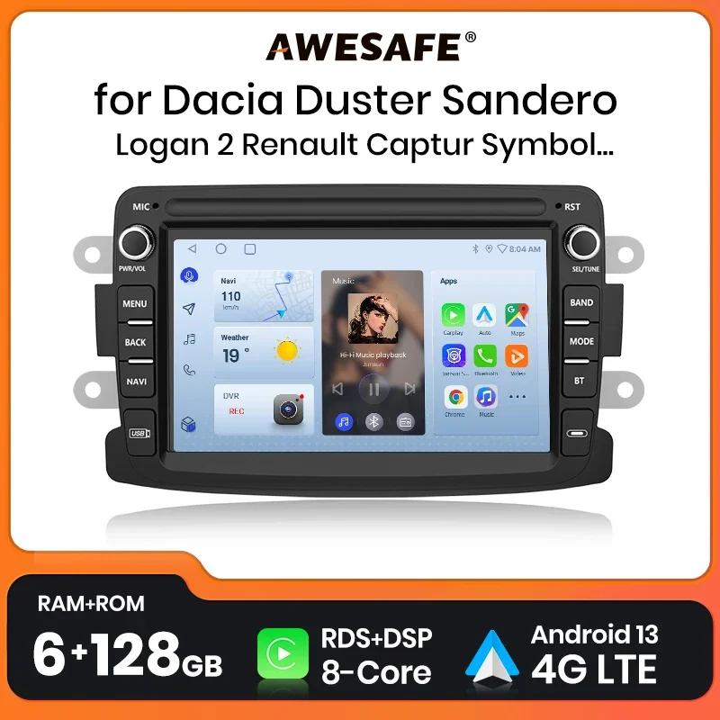 AWESAFE Car Radio For Dacia Duster Sandero Logan 2 Renault Captur Symbol Dokker Lada Xray 2 wireless CarPlay Android Auto 2 din