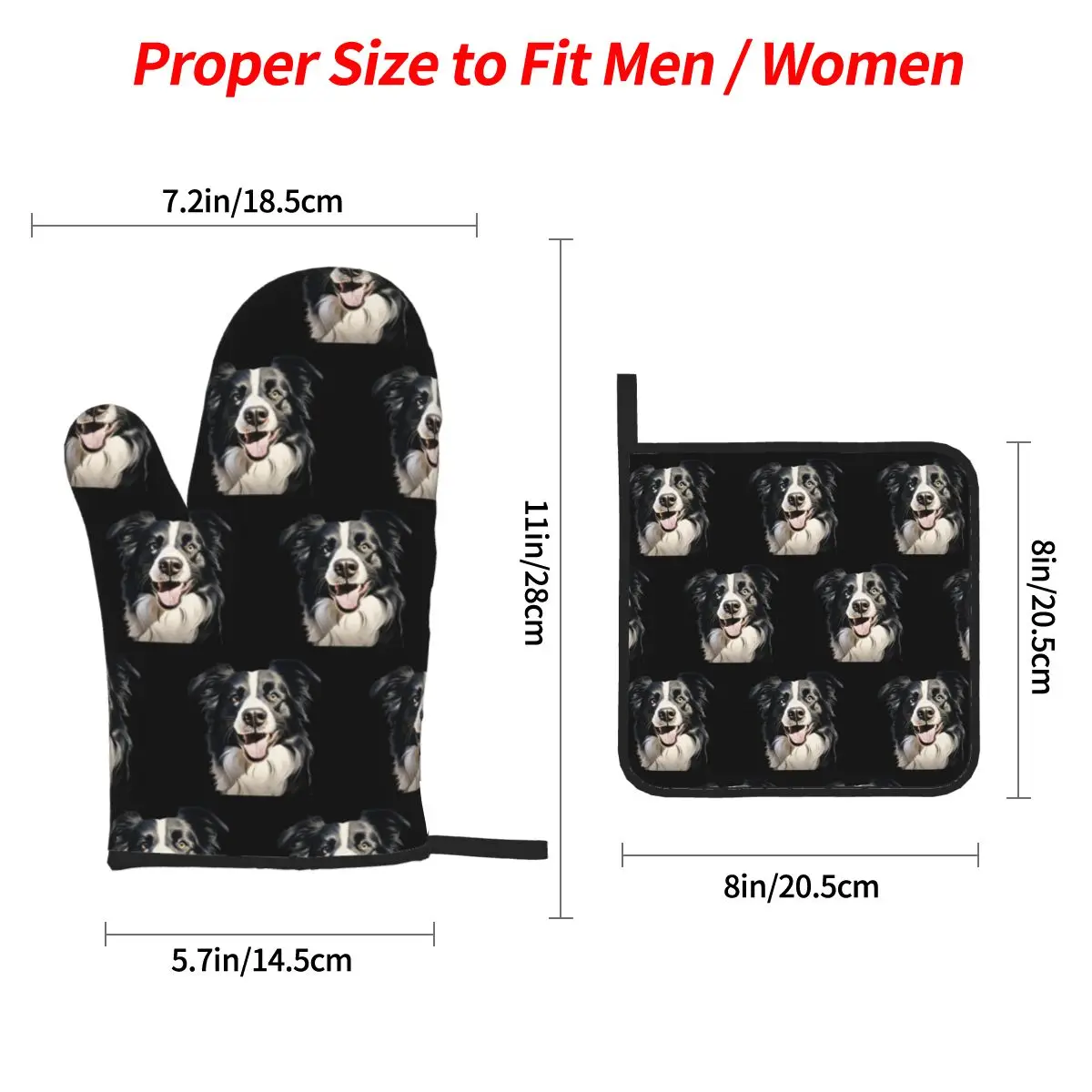 Border Collie Oven Mitts and Pot Holder Sets of 4 for Baking Kitchen Cooking BBQ Resistant Non-Slip Gloves