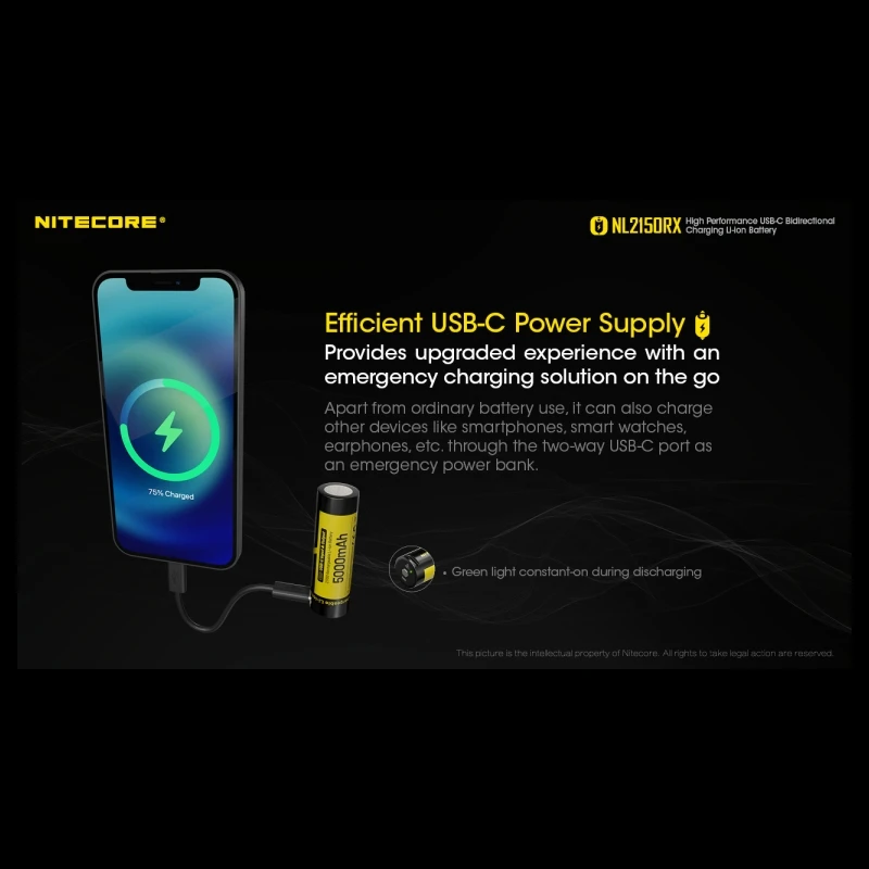 NITECORE NL2150RX High Performance 5000mAh USB-C Bidirectional Charging 21700 Li-ion Battery