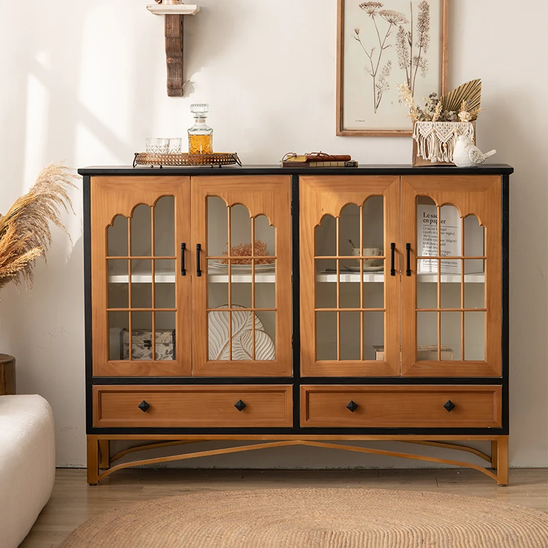 

American rural retro solid wood dining side cabinet integrated against the wall floor-to-ceiling entrance cabinet homestay coffe