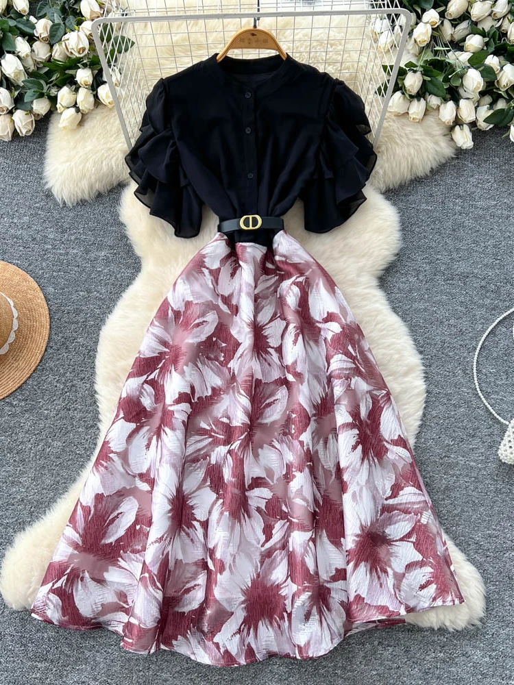 High-End Women's Summer Dr 2025 Belted Waist Print Splice Flounce Sve A-Line Skirt Korean Sle Commute ort Sve