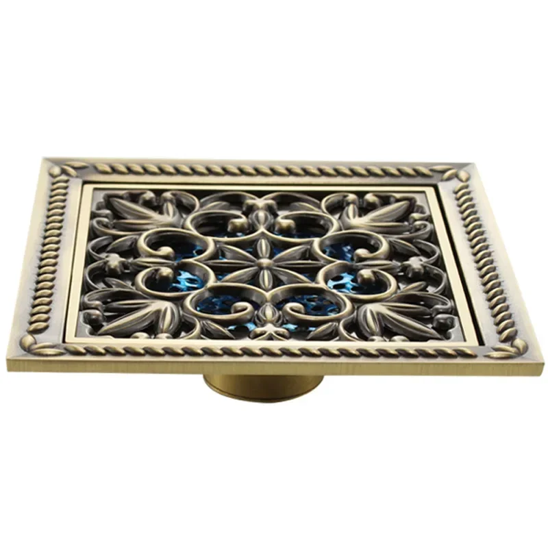 

v 15x15cm Brass Antique Brushed Floor Drain Bathroom Kitchen Shower Room Porch Square Floor Waste Drain Grate Sanitary Drainer