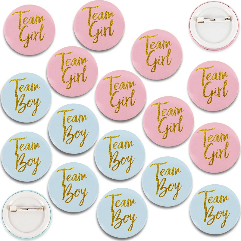 12/24Pcs Team Boy Girl Button Pins Gender Reveal badge in banda stagnata regalo per gli ospiti Gender Reveal forniture per feste Baby Shower Decor