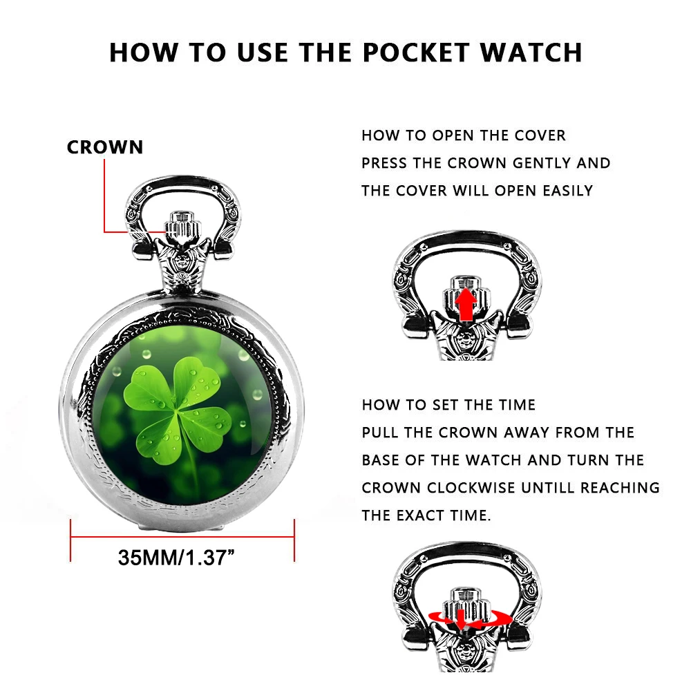 St. Patrick's Day Gifts Ireland Four Leaf Clover Glass Dome Quartz Pocket Watch With Durable Chain Arabic Numeral Dial Couple