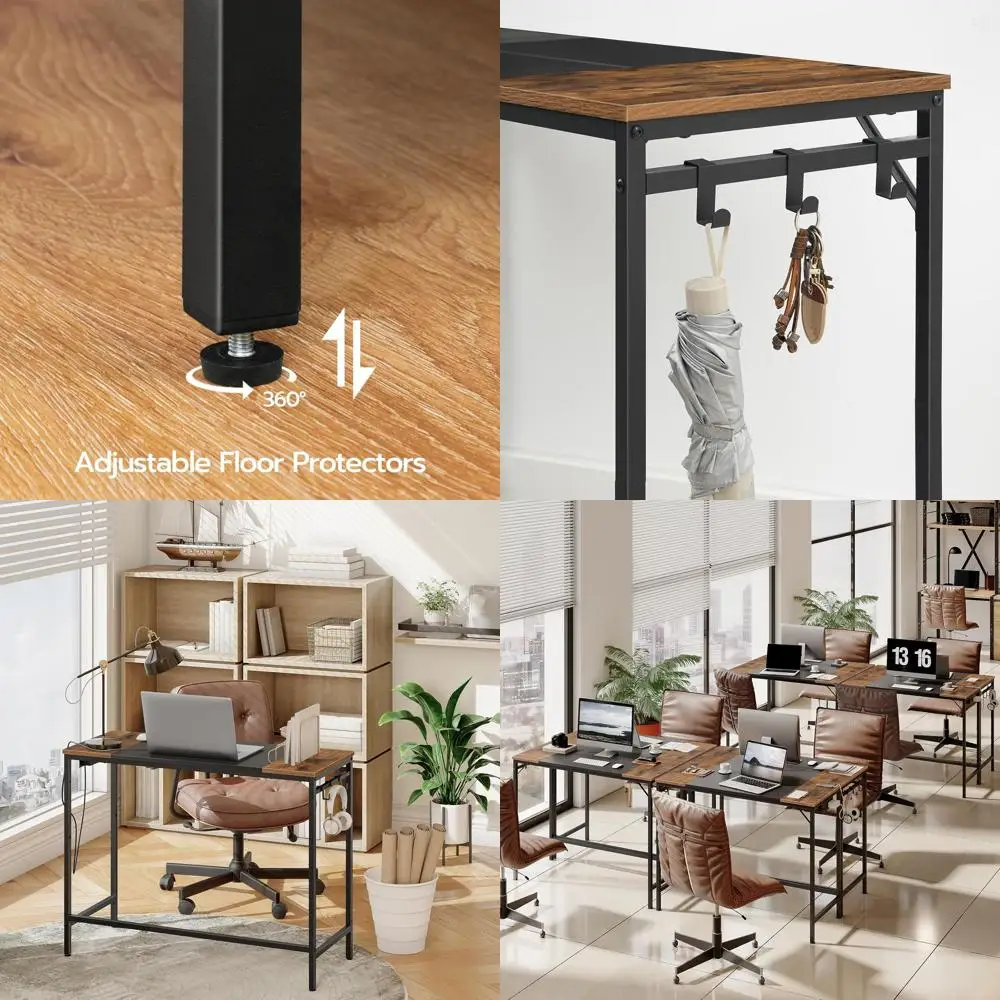 

Современный деревенский коричневый и черный стол для домашнего офиса со встроенной розеткой и крючками для эффективного кабинета