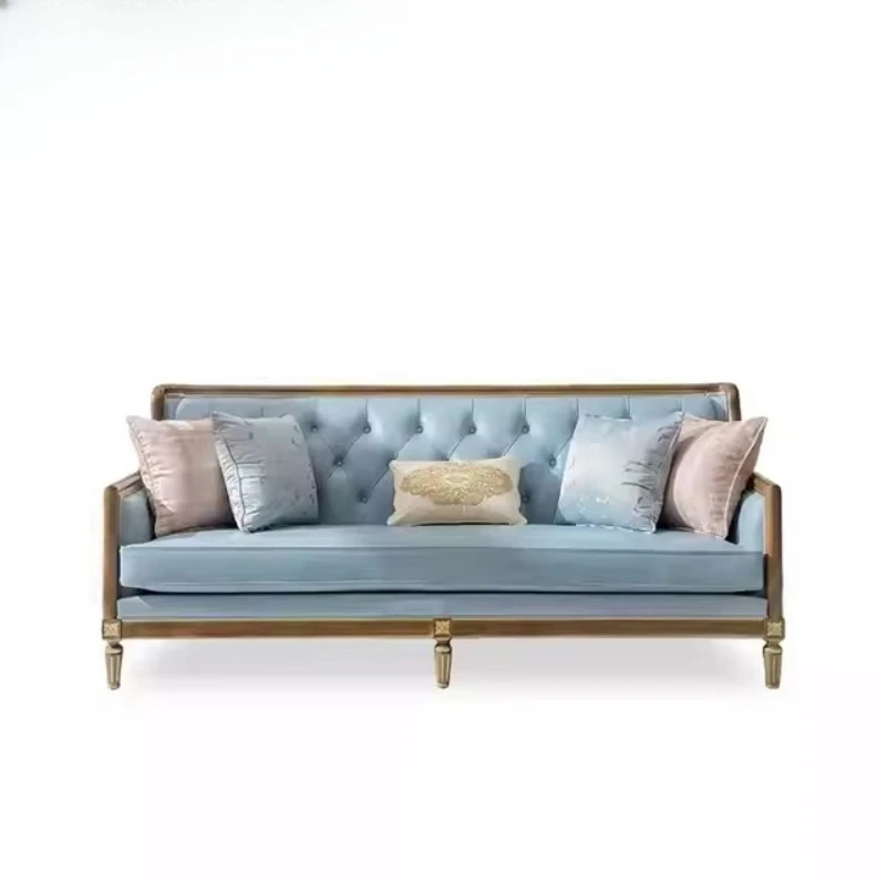 French minimalist sofa, elegant blue leather three-seater sofa with button decoration, living room furniture