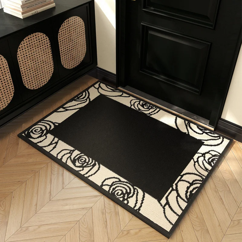 VIKAMA Black Beige Medallion Circle Moroccan Pattern Bohemian Art Crystal Velvet Door Mat Non Slip Entryway Bedroom Living Room