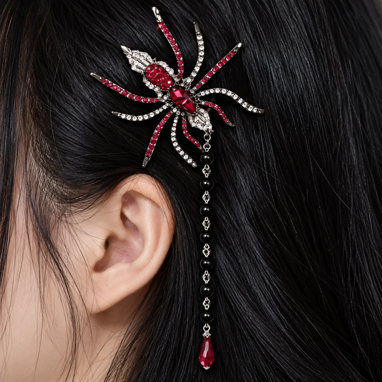 Gothic Punk Spider Hair Clip with Red Rhinestones and Dangle Chains, Dark Alternative Halloween Cosplay Hair Accessory