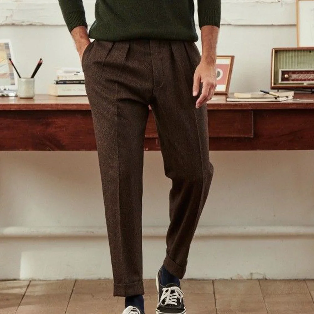 

Mens Herringbone Pleated Wool Blend Trousers Tapered Comfortable Breathable Business Casual Pants for Men Office Wear Slim Fit