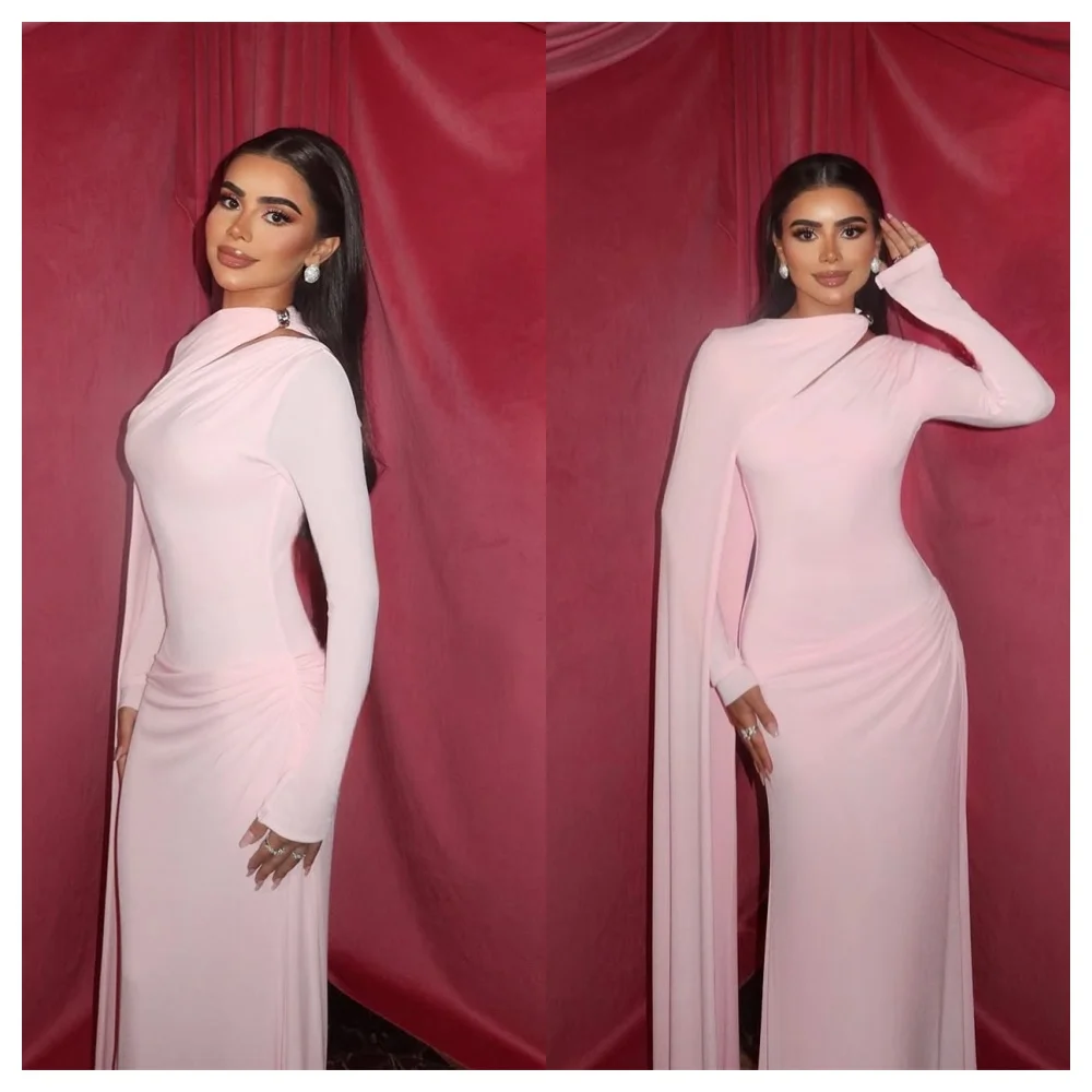 

Customized Formal Pink Jersey Evening Dress Classic Crew Neck Long Sleeves Party Dress Simple Straight Floor Length Prom Dress