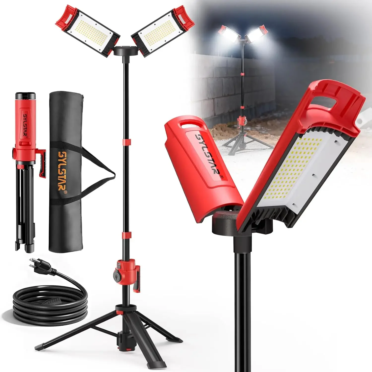 SYLSTAR Hybrid Powered LED Work Light with Tripod, 12000 Lumens Corded & Rechargeable Battery Work Light, 7.4ft Aluminum Telesco