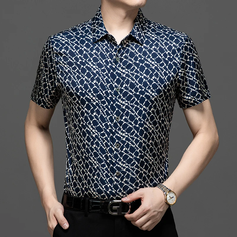 High Quality Men's Silk Tops Summer 2024 Fashion Stripes Smooth Satin Silk Shirts Short Sleeve Soft Mulberry Silk Dress