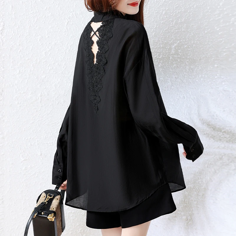 Autumn Black Long Sleeve Polo Collar Blouses Women Fashion Elegant Cardigan Shirts 2026 New Korean Chic Loose Top Coats