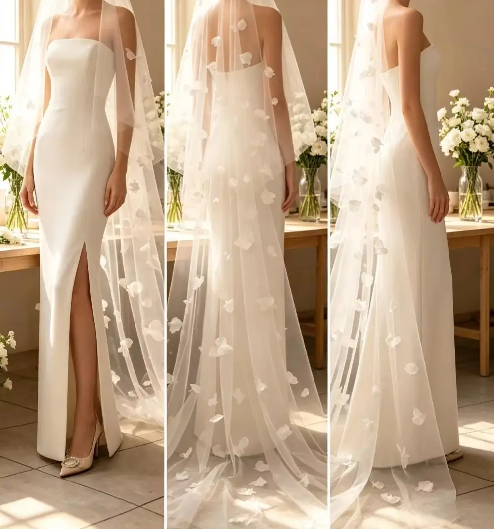Customized Strapless Satin Wedding Dress 2026 Minimalist Backless Strapless Strapless Women's Mermaid Bridal Gown Floral Veil