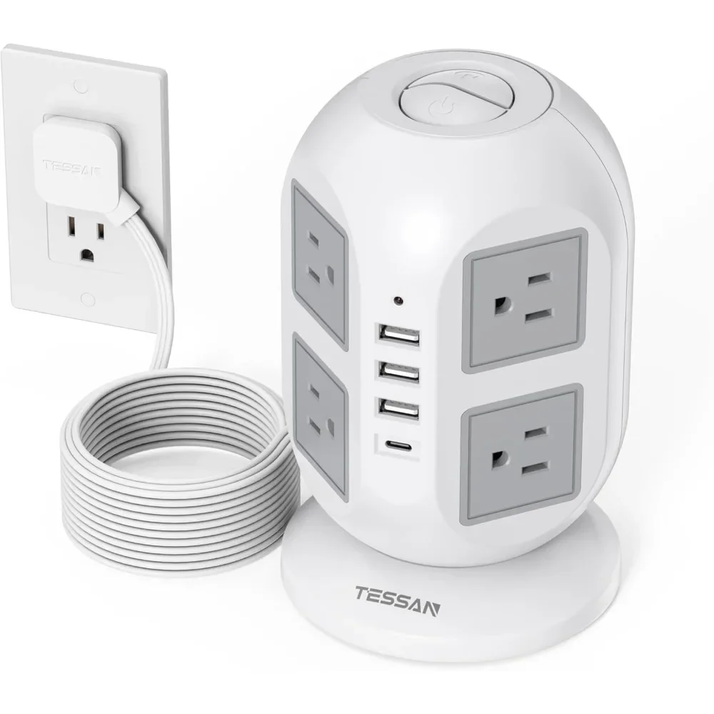 TESSAN Flat Extension Cord Tower Power Strip with 8 AC Outlets 4 USB Ports 10 FT Charging Station with Surge Protection for Home