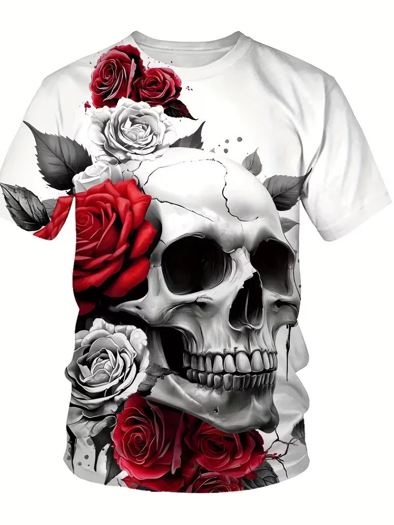 Mens T-shirt back print grim reaper skull red rose gradient letter graphic short sleeve crew neck goth street wear top