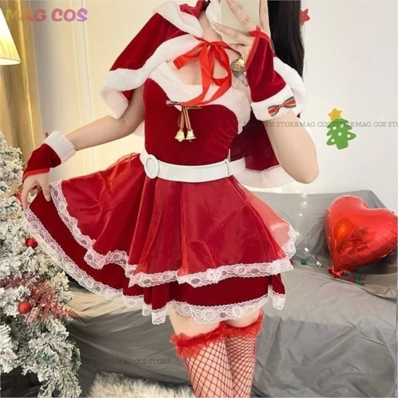 

2024 New Christmas Evening Dress Cutie OutFit Cape Sexy Lingrie Cosplay Costume Claok Red Velvet Full Set Halloween Women Xmas