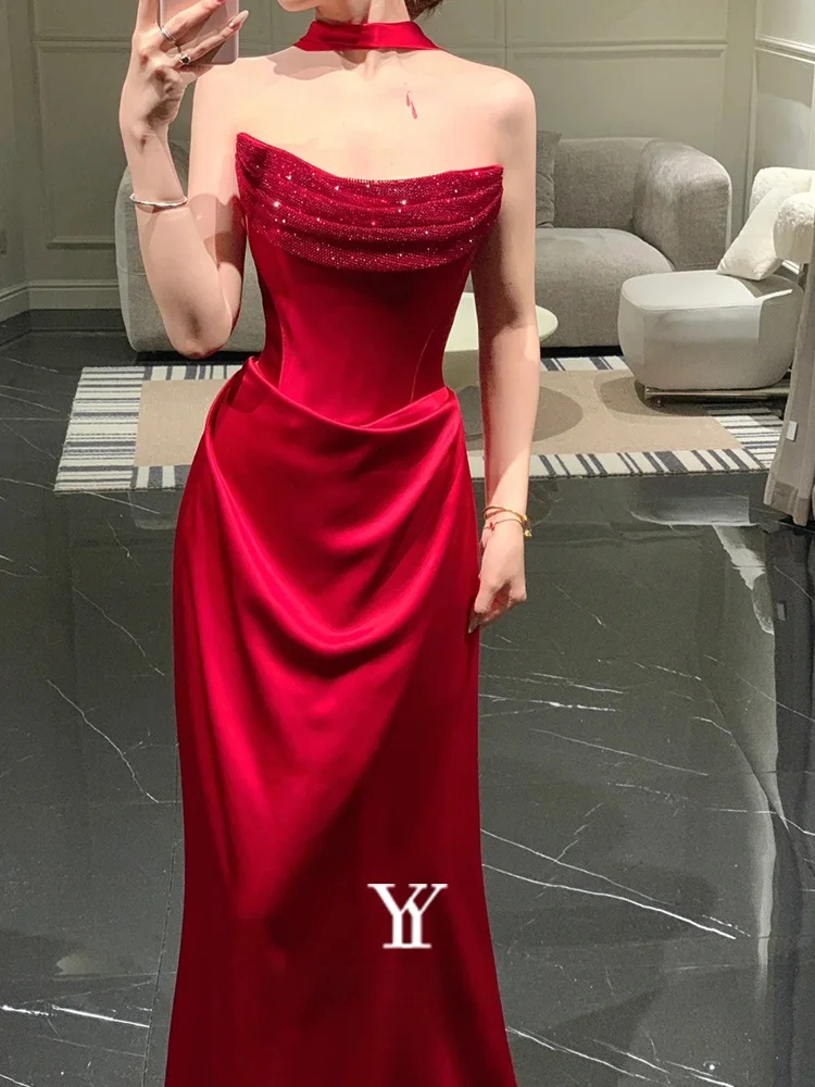 

Red Evening Gown Women's Sle New 2025 Bridal Dr Strapl Floor Length Wedding Dr Korean Version Embroidered mid Waist