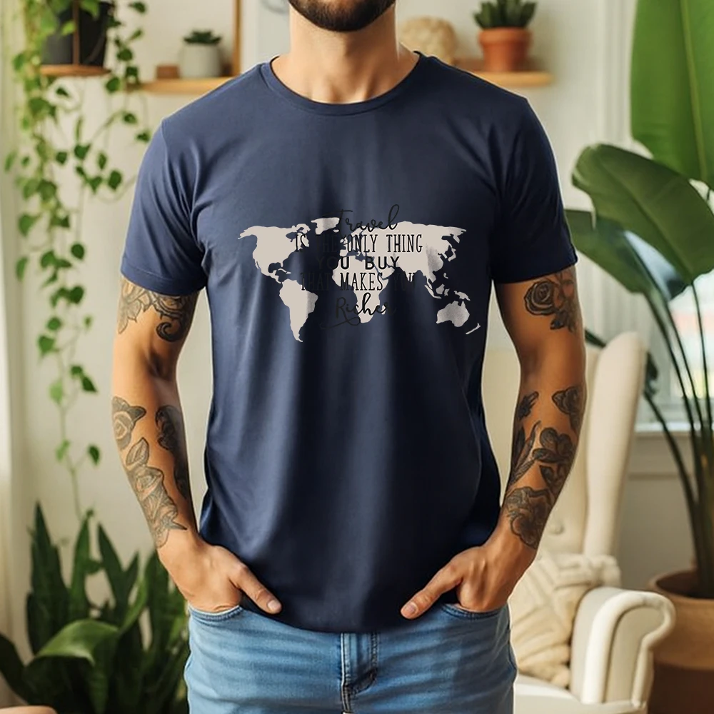 New Summer Men's 100% Pure Cotton T-Shirt Travel Makes You Richer Retro World Map Graphic Casual Breathable Short Sleeve