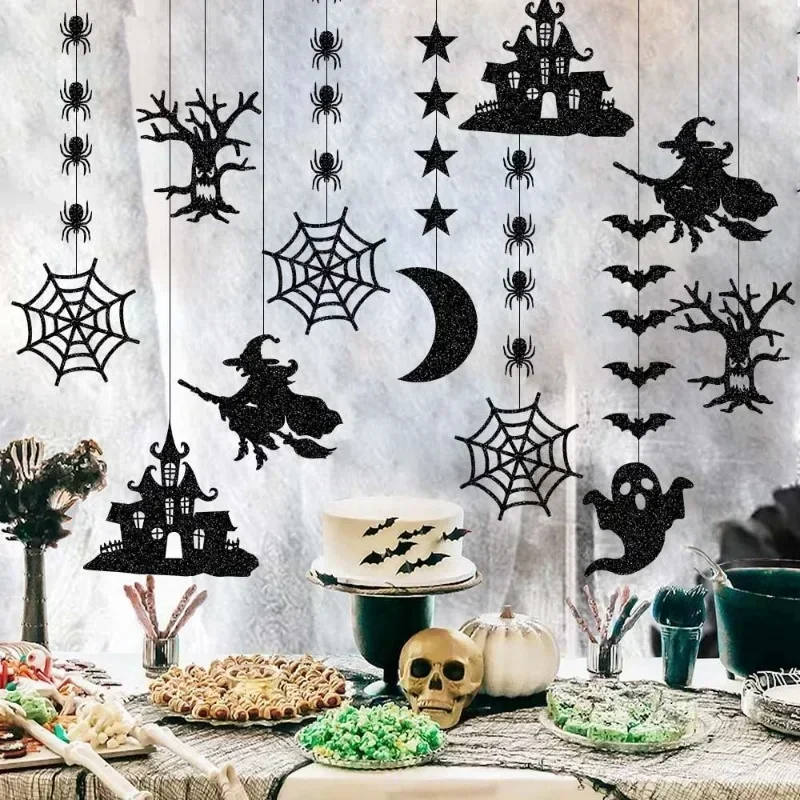 6pcs Halloween Hanging Banner Pendant Scary Spider Witch Ghost Bat Hanging Garland Pull Flag Pendant Halloween DIY Party Decor